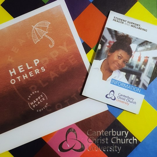 2019-2020 Canterbury Christ Church University diary with Student Support, Health and Wellbeing fold-out, and Fearne Cotton's Happy Place Reflection Card which reads "Help Others"