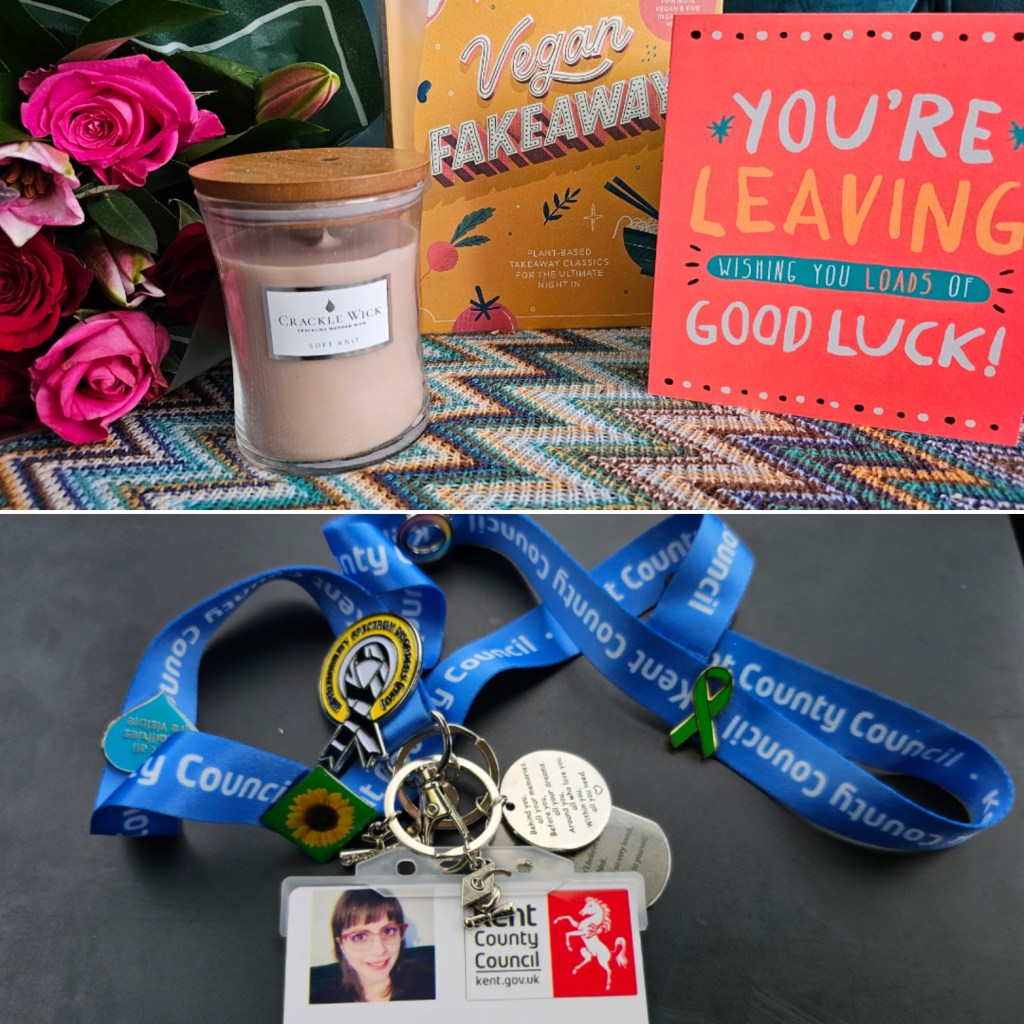 Photo shows gifts received from my senior, and a card signed by some of the team. 
I also have my lanyard with all my pins, along with my old staff card. 